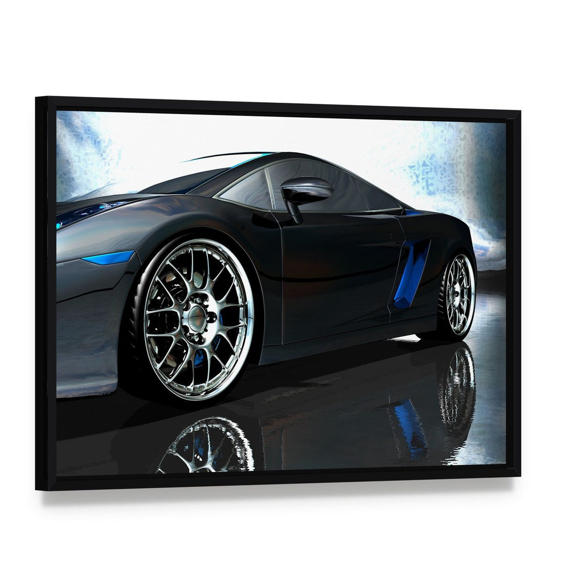Black Sports Car Canvas Wall Art, framed canvas in a black floater frame, angled product view
