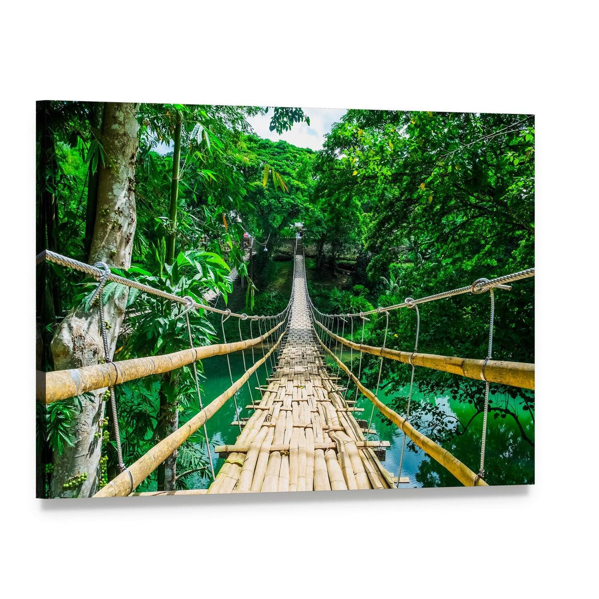 Bamboo Suspension Bridge Over Blue-green River Canvas Wall Art, single panel gallery wrapped canvas, angled product view