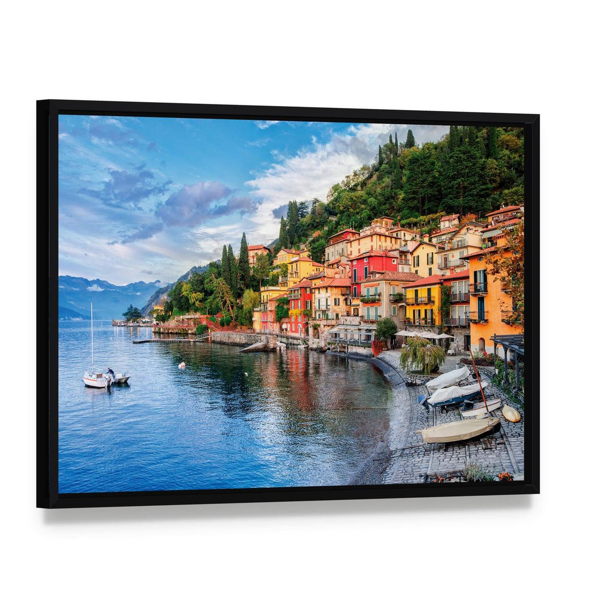 Menaggio on Lake Como Canvas Wall Art, framed canvas in a black floater frame, angled product view