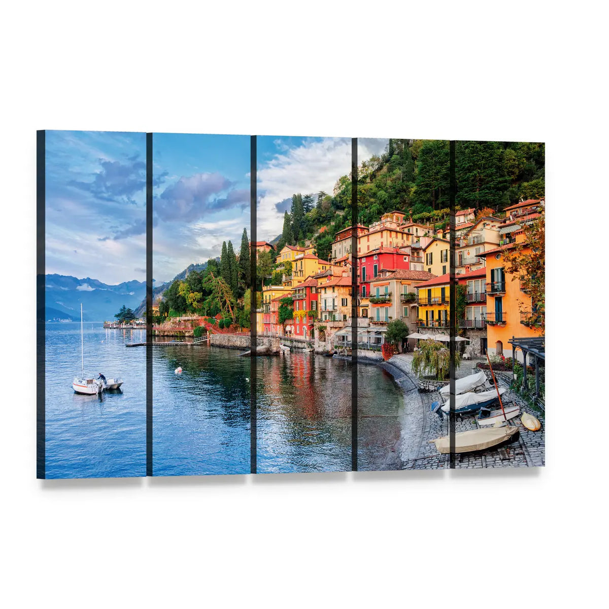Menaggio on Lake Como Town View Canvas Wall Art, 5 panel 5 Horizontal layout gallery wrapped canvas set, angled product view
