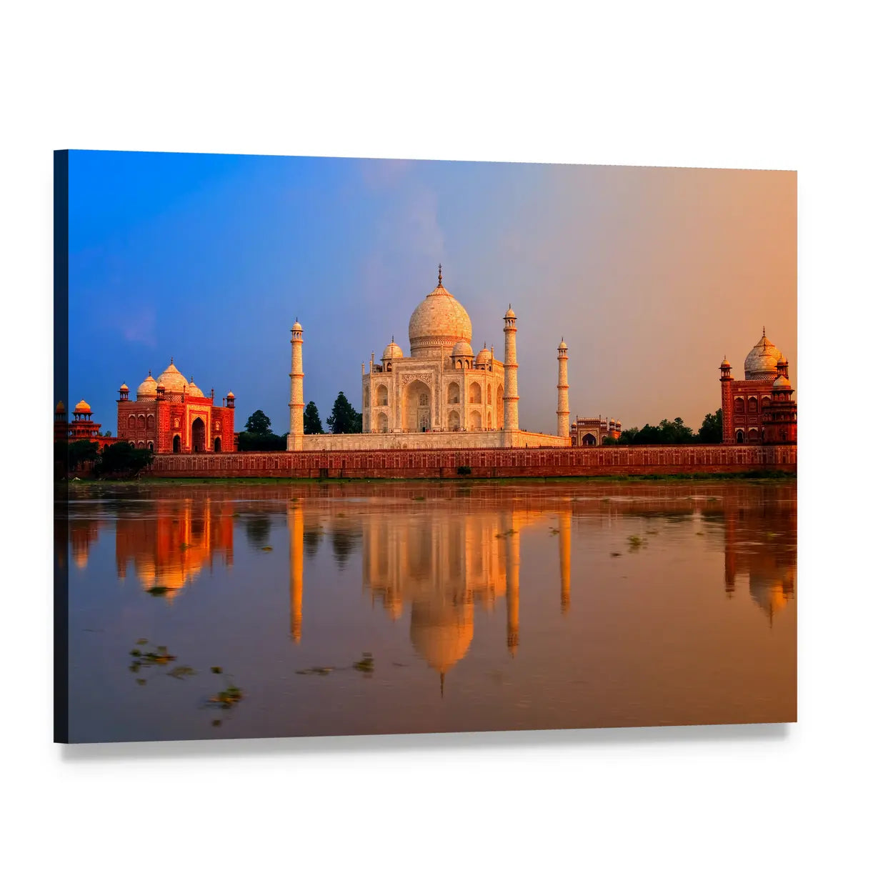Taj Mahal Reflection at Golden Hour Canvas Wall Art, single panel gallery wrapped canvas, angled product view