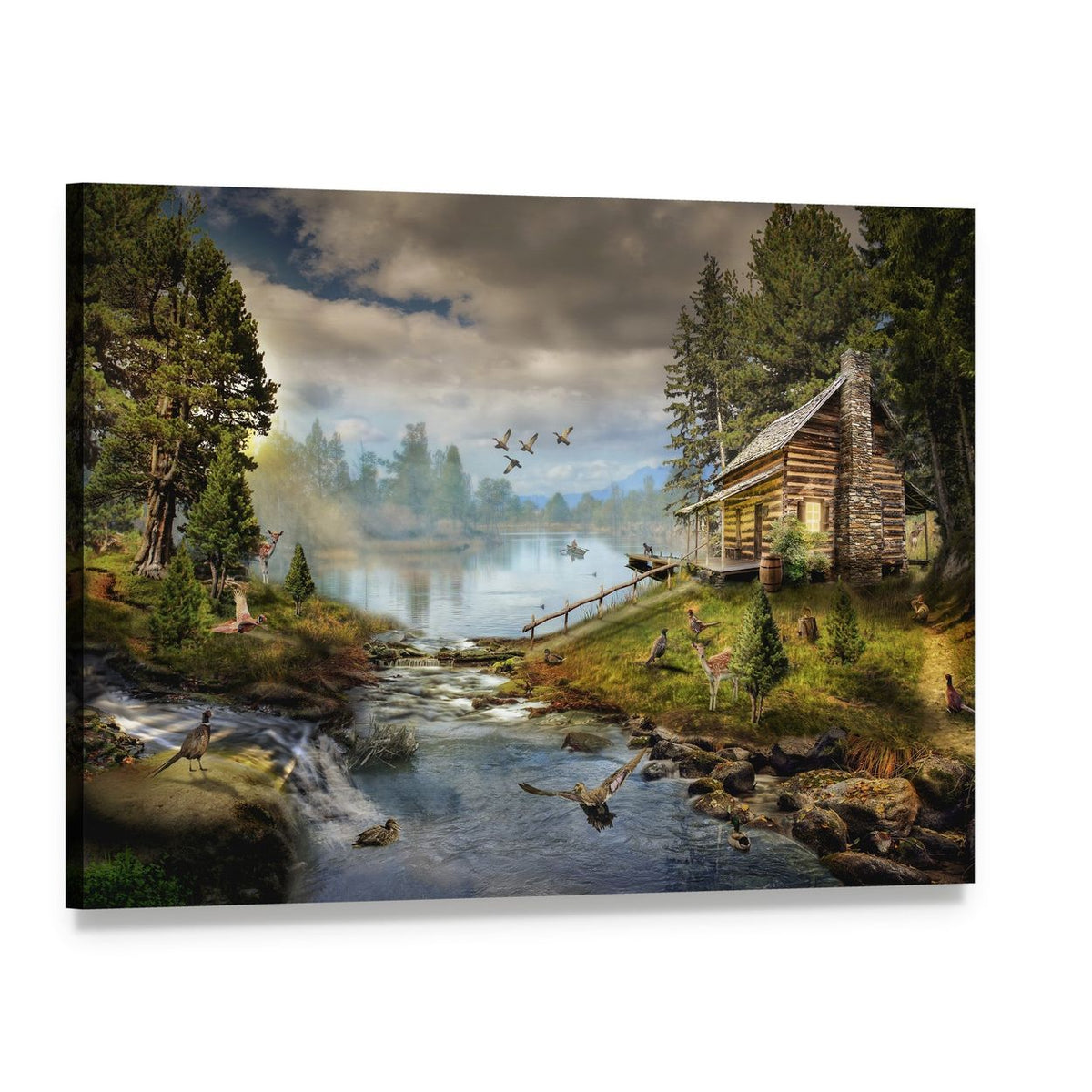 Log Cabin by Forest Stream Canvas Wall Art, single panel gallery wrapped canvas, angled product view