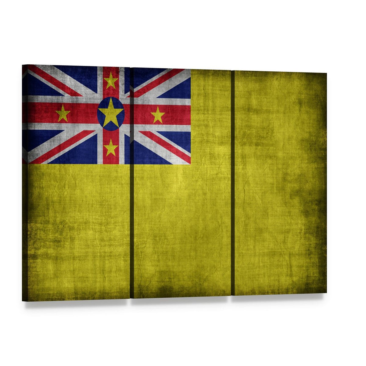 Vintage Niue Flag Canvas Wall Art, 3 panel 3 Horizontal layout gallery wrapped canvas set, angled product view