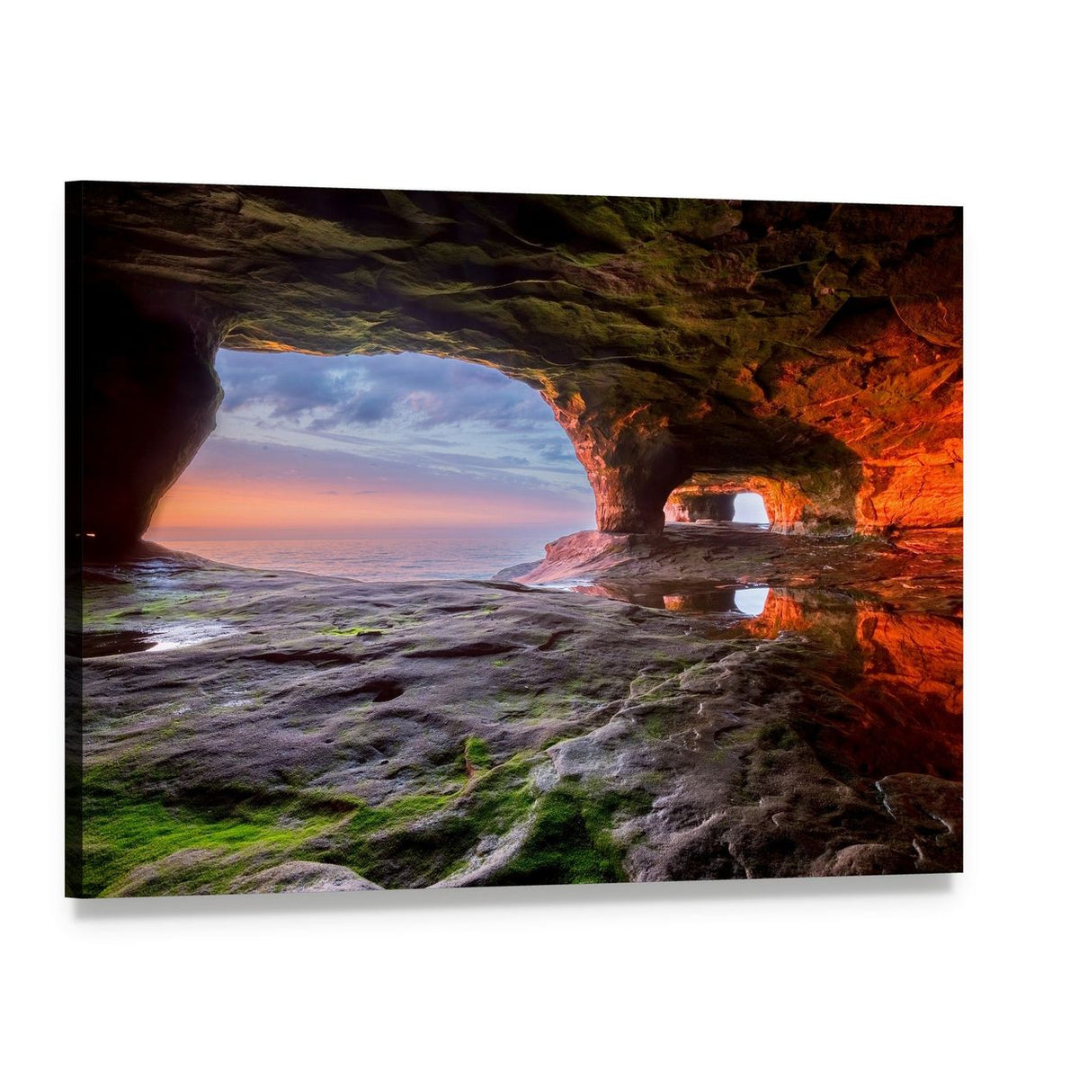 Radiant Sea Cave at Sunset Canvas Wall Art, single panel gallery wrapped canvas, angled product view