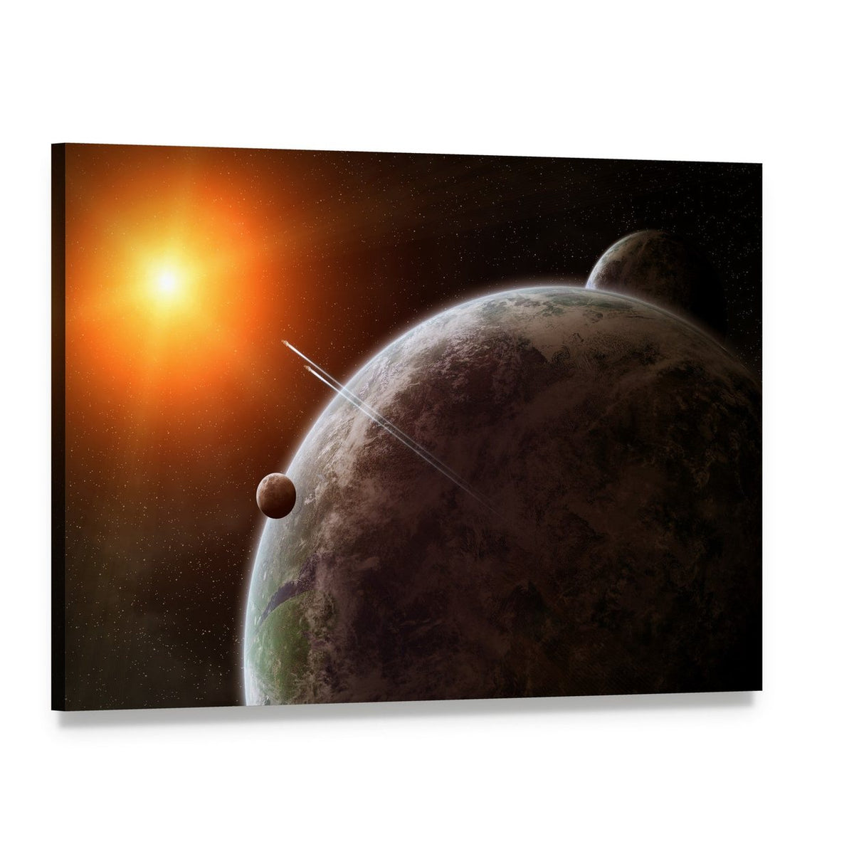 Planet with Moon Orbiting Star Canvas Wall Art, single panel gallery wrapped canvas, angled product view