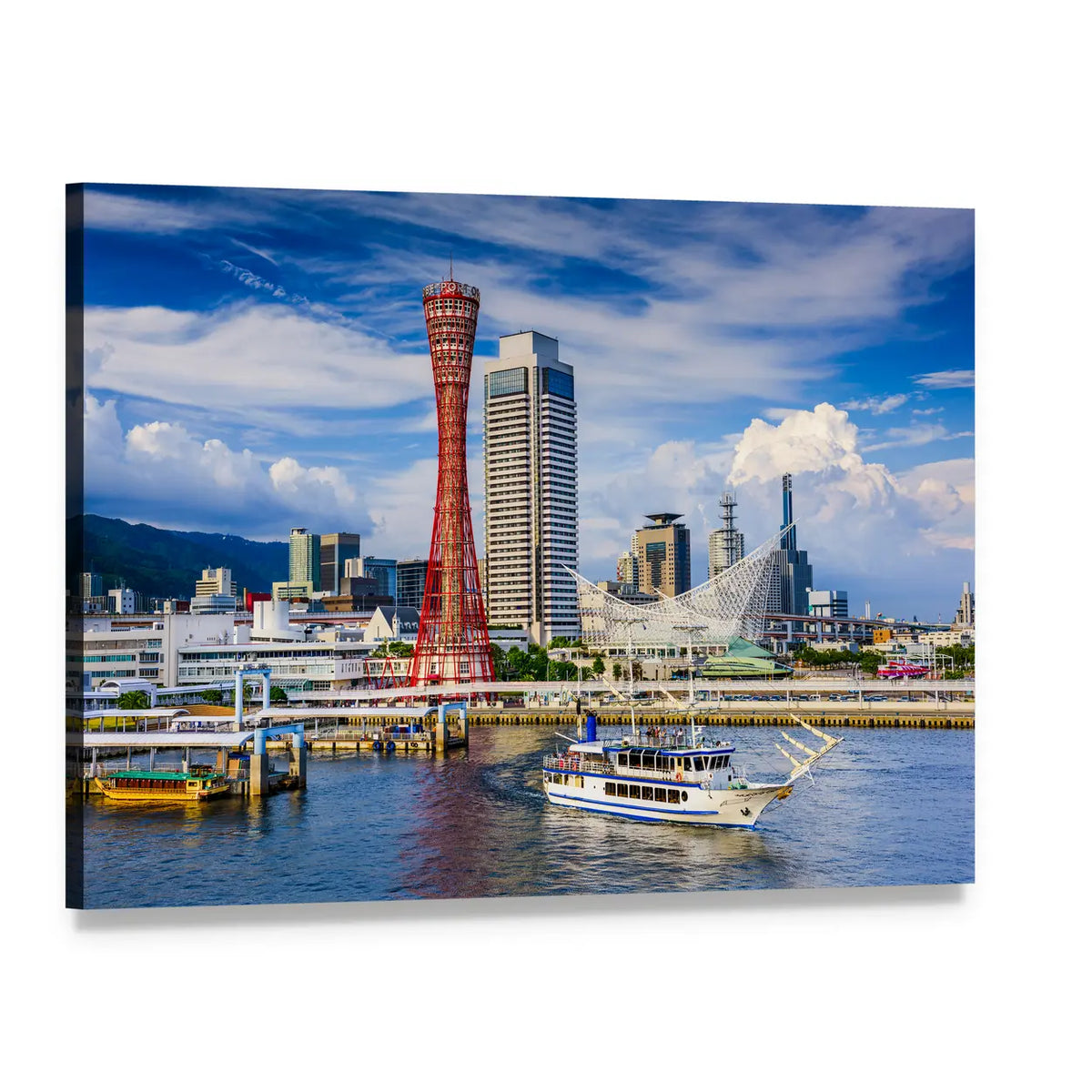Kobe Harbor Skyline with Red Port Tower Canvas Wall Art, single panel gallery wrapped canvas, angled product view