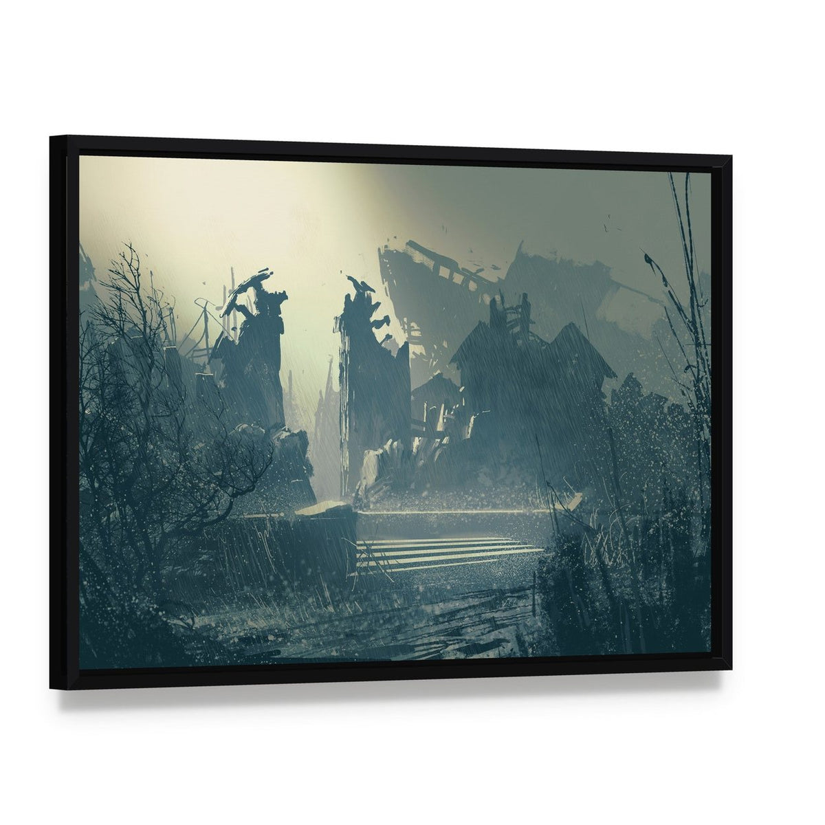 Rain in Abandoned City Canvas Wall Art, framed canvas in a black floater frame, angled product view