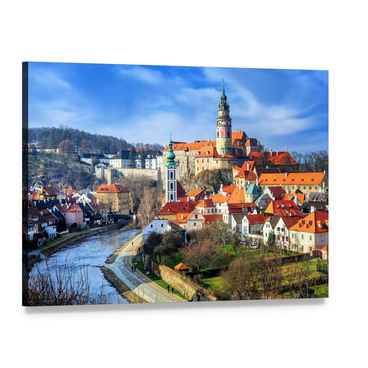 Cesky Krumlov Castle and River Canvas Wall Art, single panel gallery wrapped canvas, angled product view