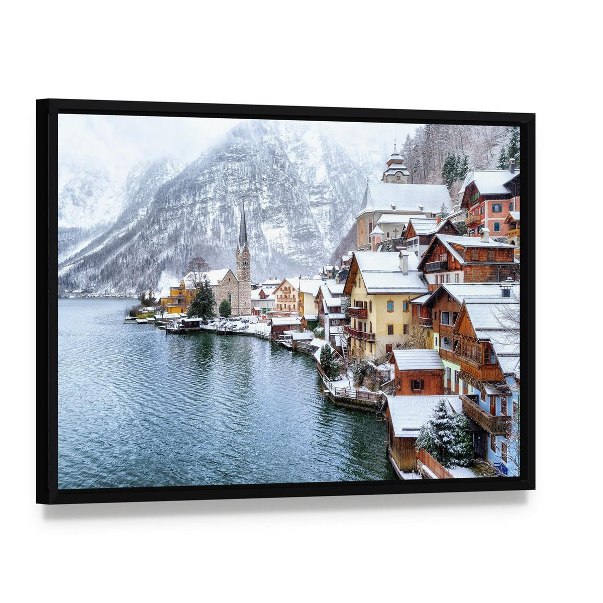 Hallstatt Winter Village by the Lake Canvas Wall Art, framed canvas in a black floater frame, angled product view