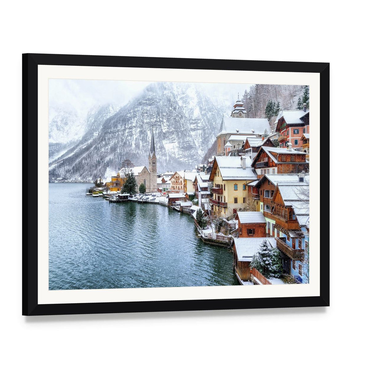 Hallstatt Winter Village by the Lake Canvas Wall Art, framed print with white mat and black frame, angled product view