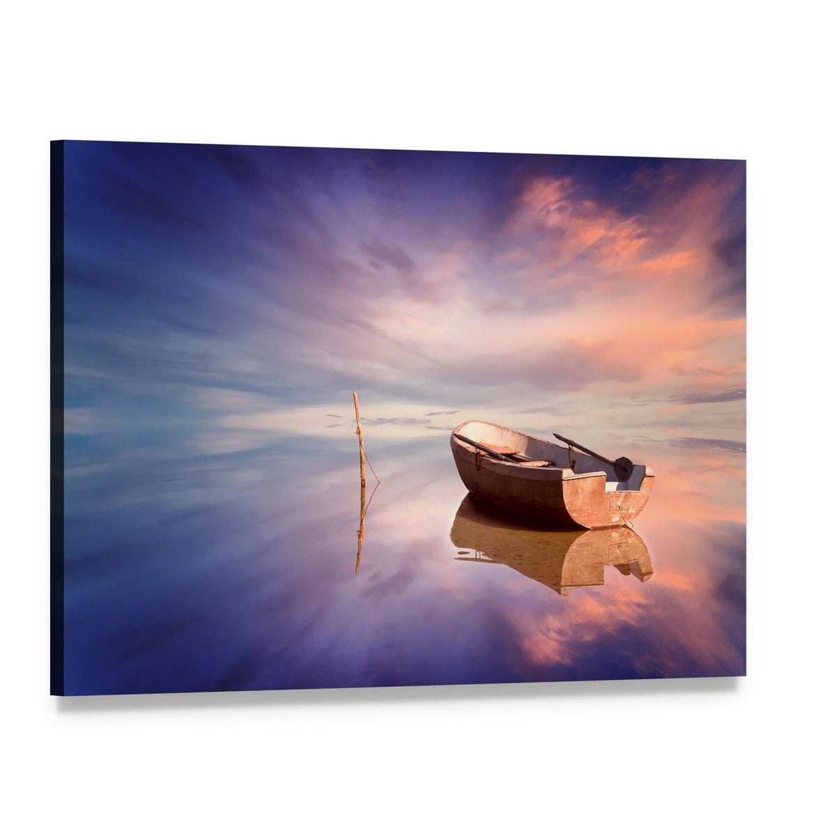 Lonely Boat at Sunset Canvas Wall Art, single panel gallery wrapped canvas, angled product view