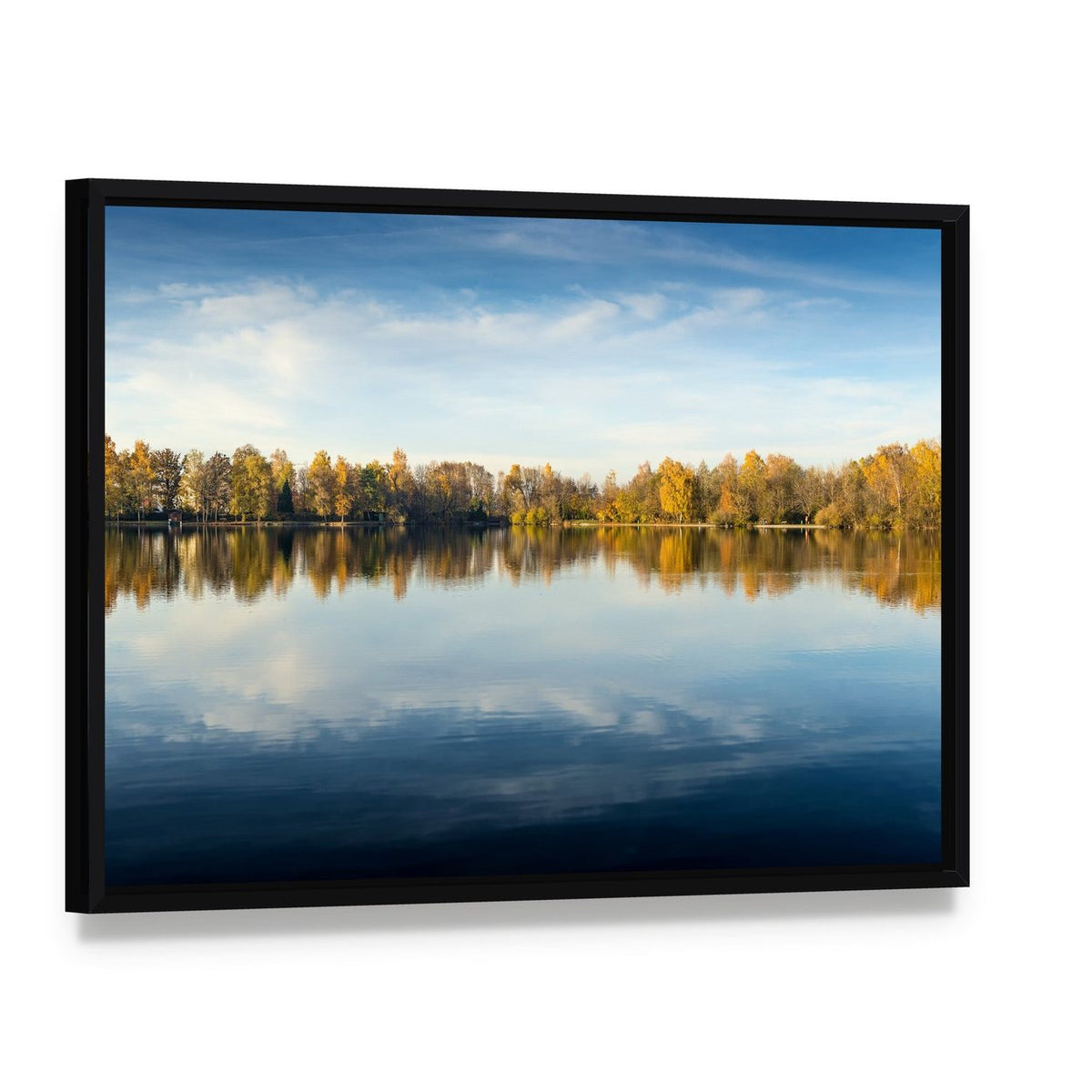 Lake in Autumn Bavaria Canvas Wall Art, framed canvas in a black floater frame, angled product view