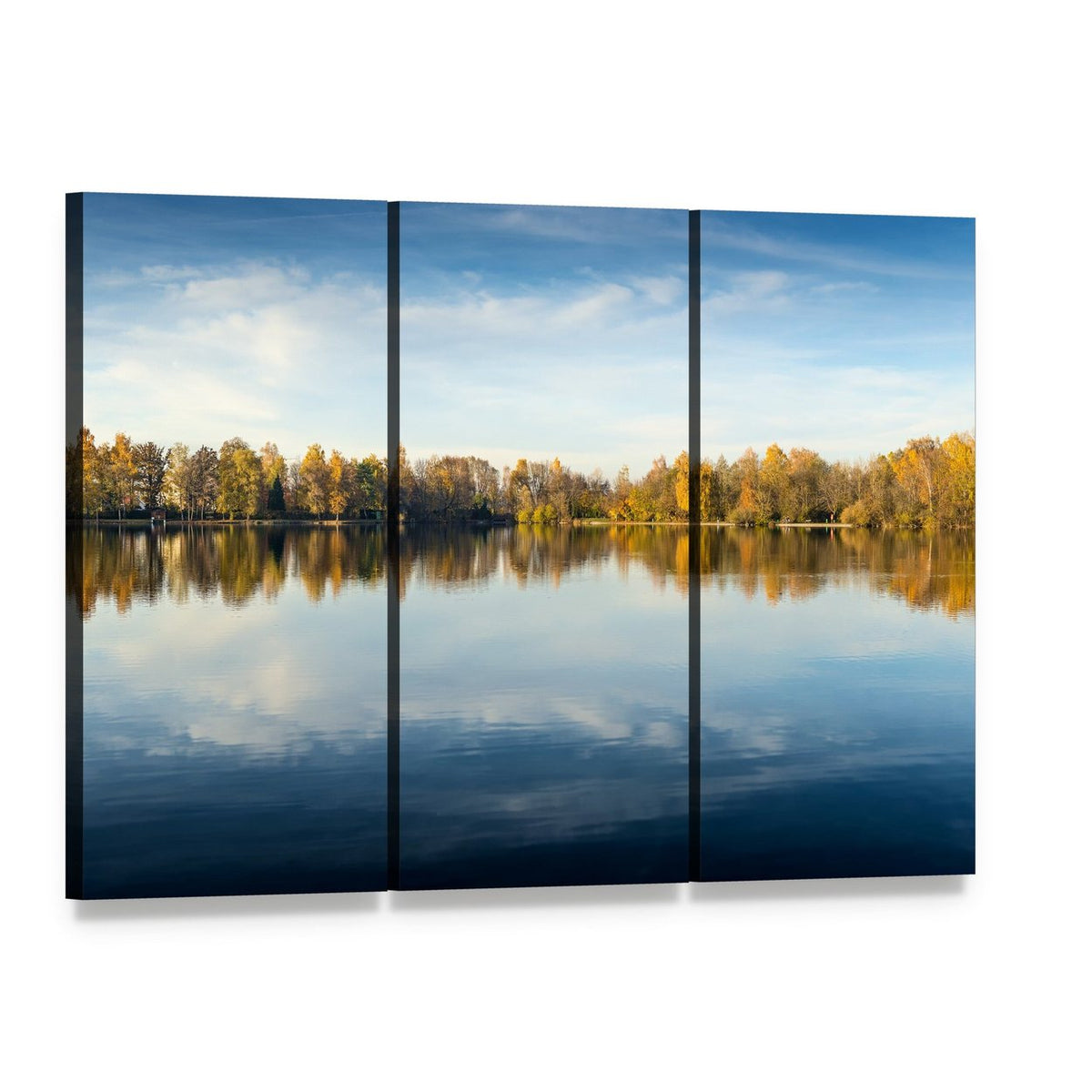 Lake in Autumn Bavaria Canvas Wall Art, 3 panel 3 Horizontal layout gallery wrapped canvas set, angled product view