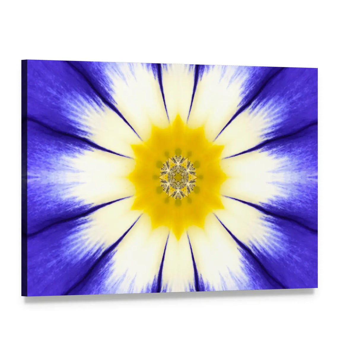 Kaleidoscope Blue Mandala Flower Canvas Wall Art, single panel gallery wrapped canvas, angled product view