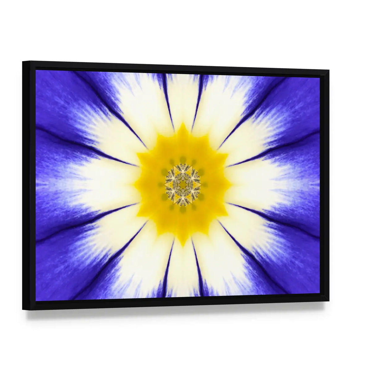 Kaleidoscope Blue Mandala Flower Canvas Wall Art, framed canvas in a black floater frame, angled product view