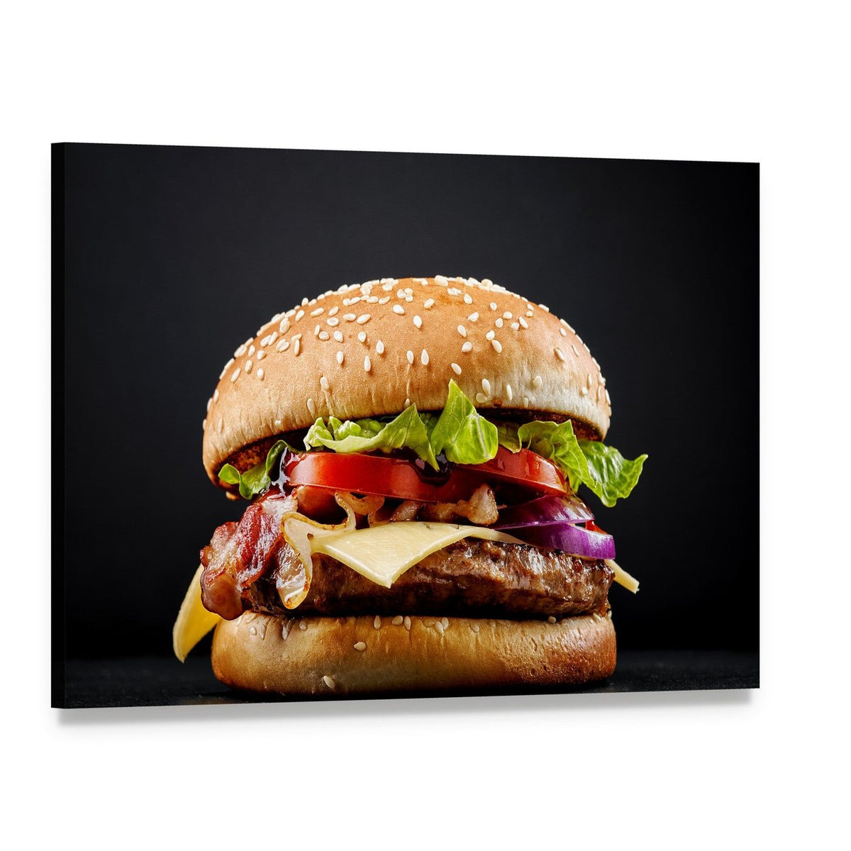 Fresh Tasty Burger Canvas Wall Art, single panel gallery wrapped canvas, angled product view