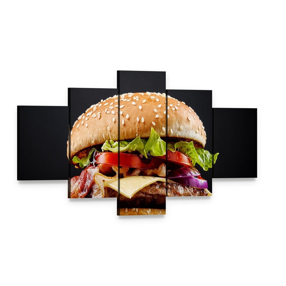 Fresh Tasty Burger Canvas Wall Art, 5 panel 5 Star layout gallery wrapped canvas set, angled product view
