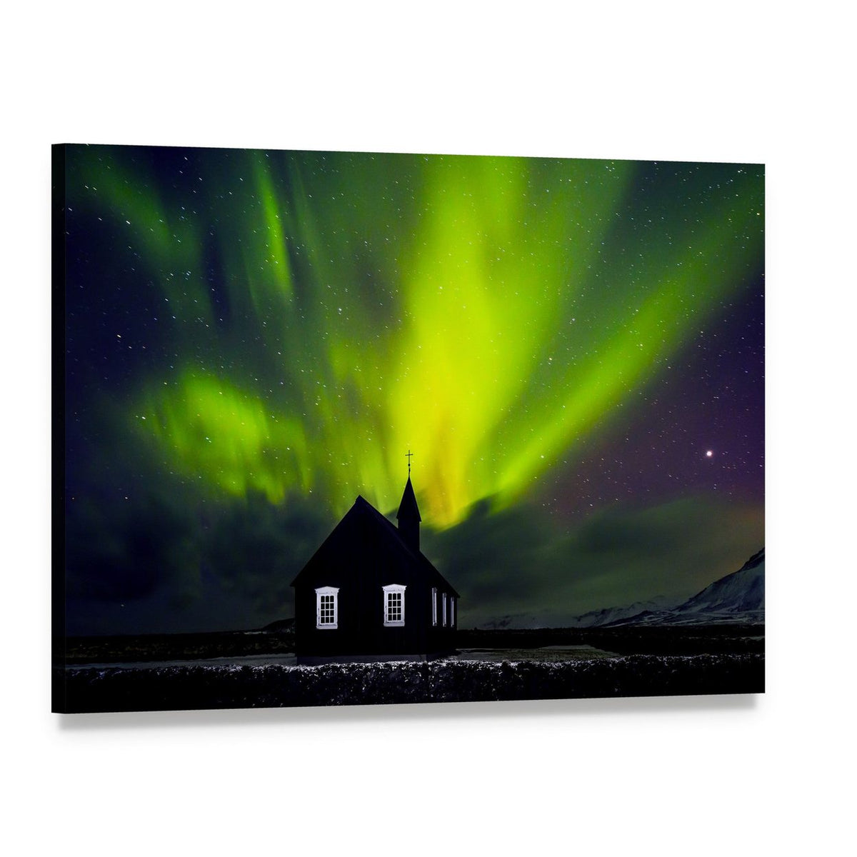 Aurora Over Black Church at Night Canvas Wall Art, single panel gallery wrapped canvas, angled product view