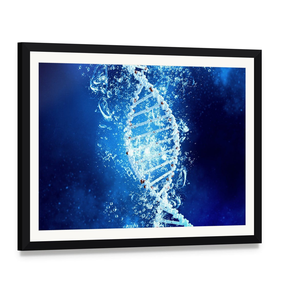 Dna Molecule in Water Canvas Wall Art, framed print with white mat and black frame, angled product view