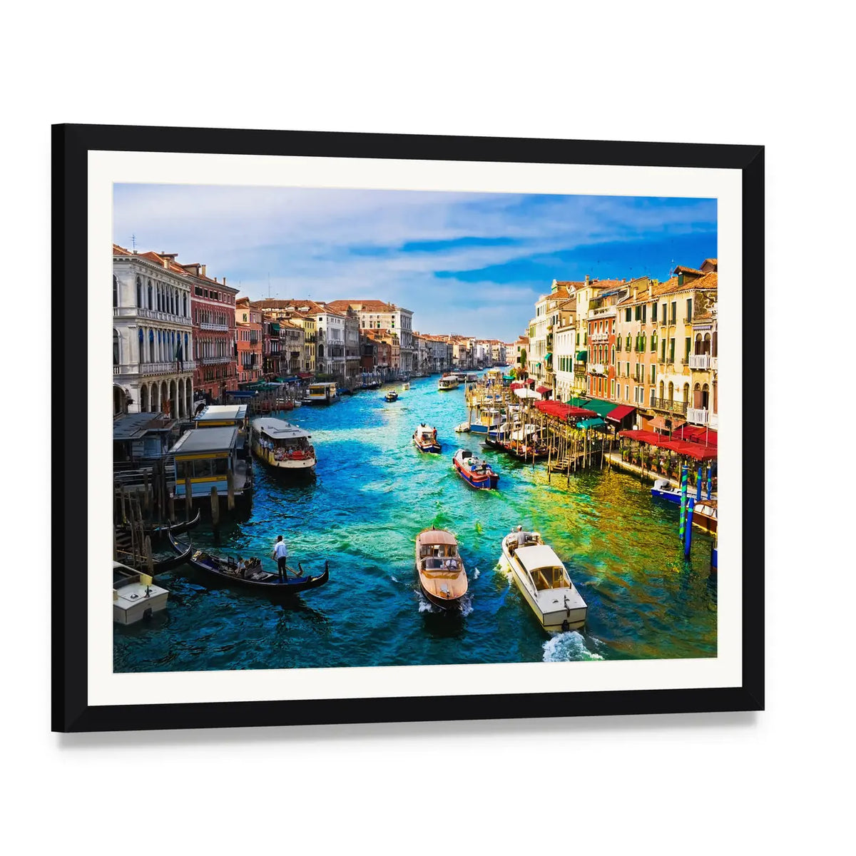 Grand Canal in Venice Canvas Wall Art, framed print with white mat and black frame, angled product view