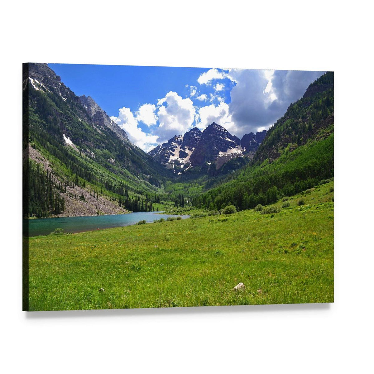 Maroon Bells Reflected in Mountain Lake Canvas Wall Art, single panel gallery wrapped canvas, angled product view