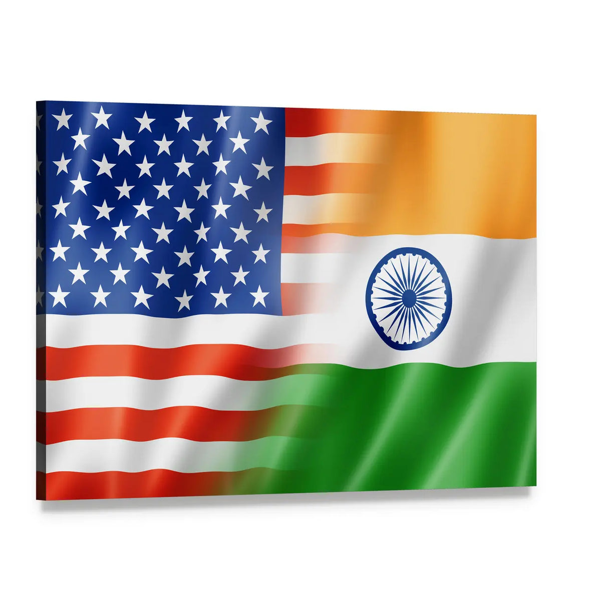 United States and India Flag Blend Canvas Wall Art, single panel gallery wrapped canvas, angled product view