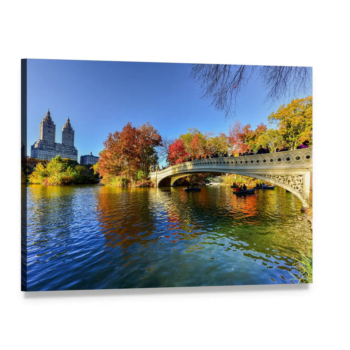 Bow Bridge with Fall Foliage Canvas Wall Art, single panel gallery wrapped canvas, angled product view