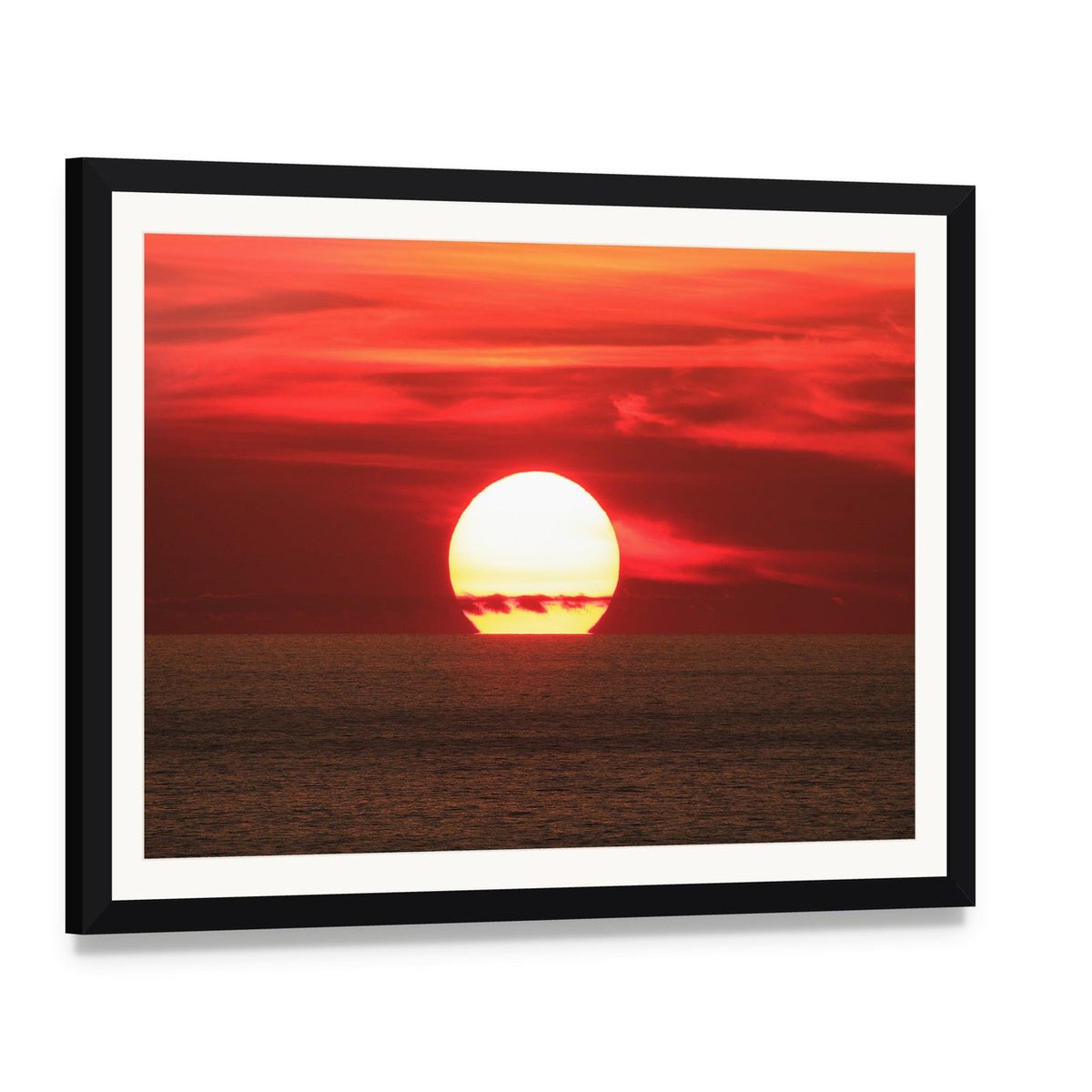 Sunset Over the Sea Canvas Wall Art, framed print with white mat and black frame, angled product view