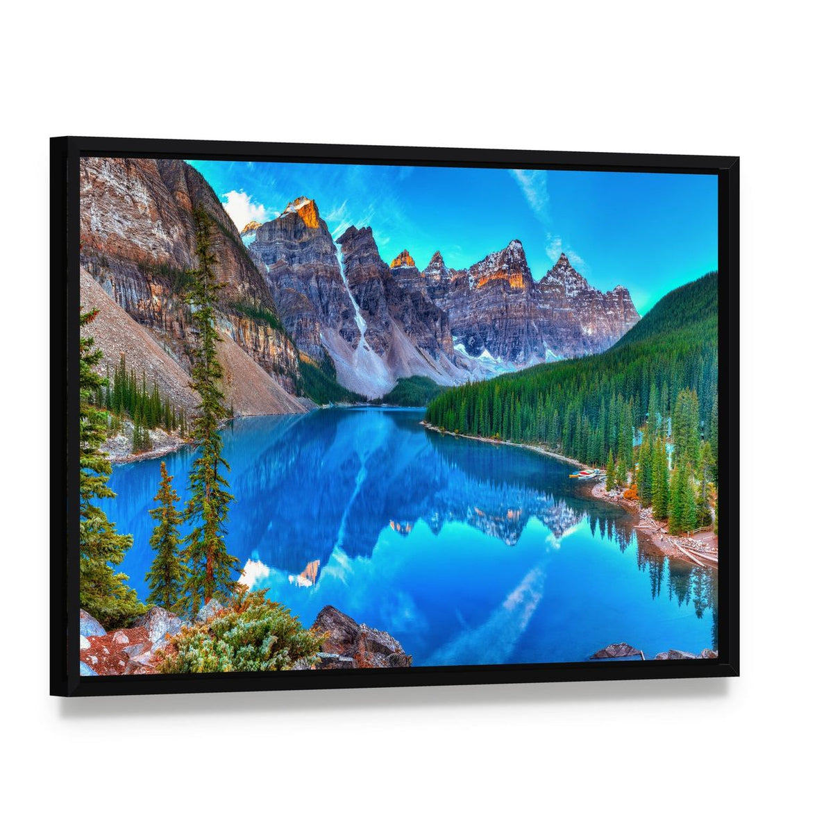 Sunrise Over Moraine Lake Canvas Wall Art, framed canvas in a black floater frame, angled product view