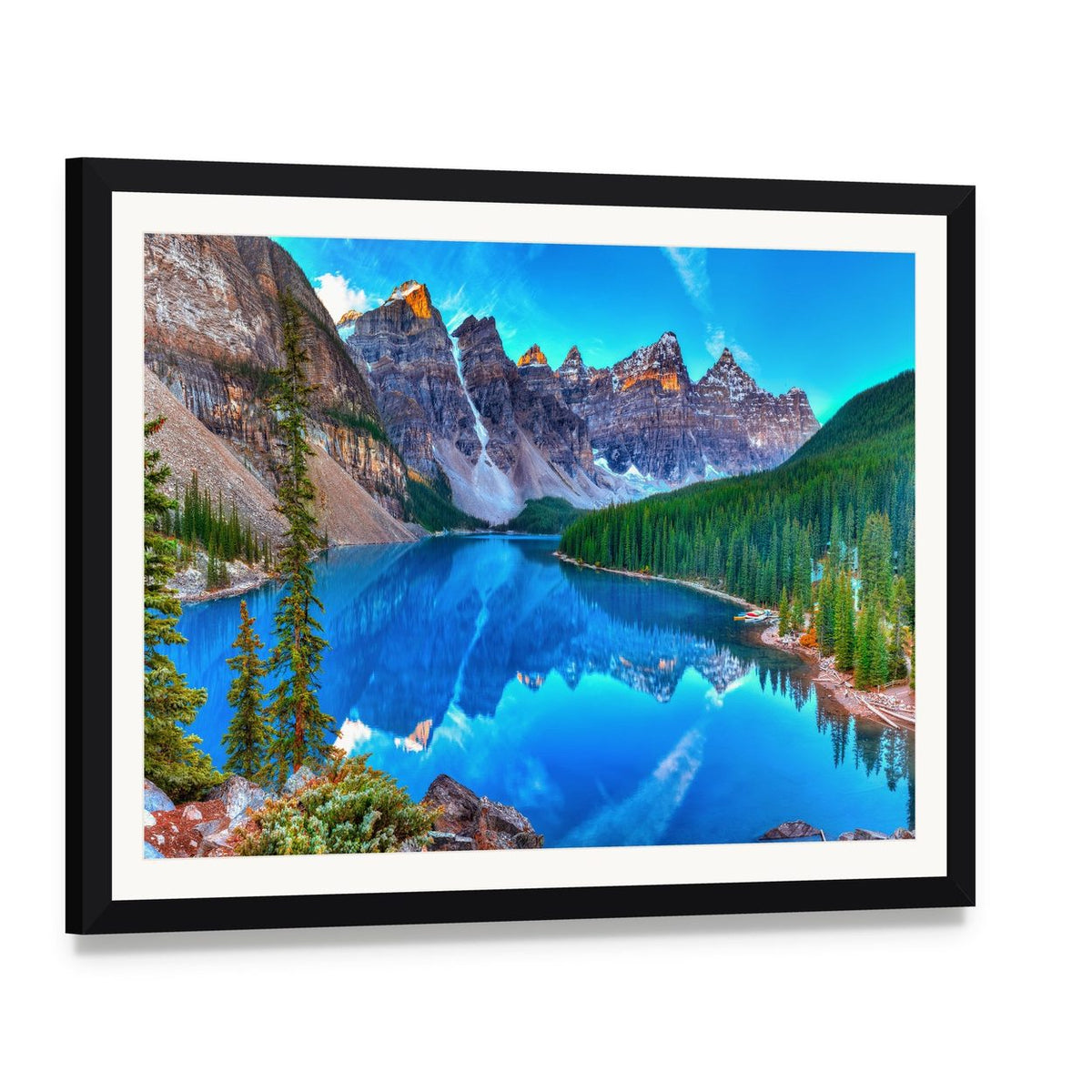 Sunrise Over Moraine Lake Canvas Wall Art, framed print with white mat and black frame, angled product view