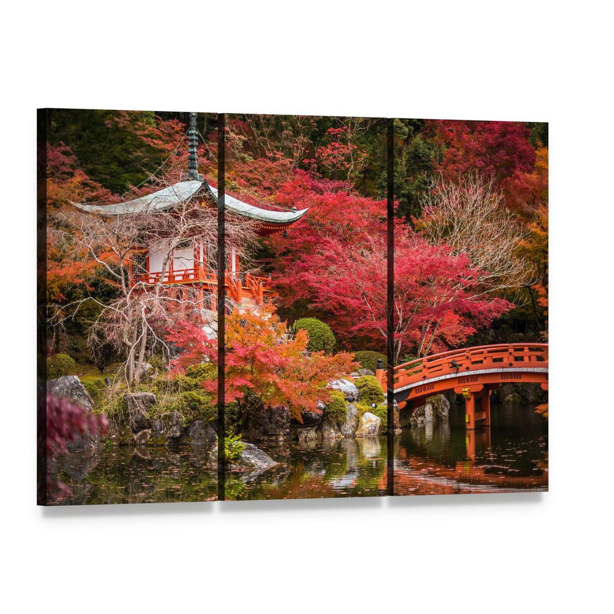 Daigoji Temple Autumn Garden Canvas Wall Art, 3 panel 3 Horizontal layout gallery wrapped canvas set, angled product view