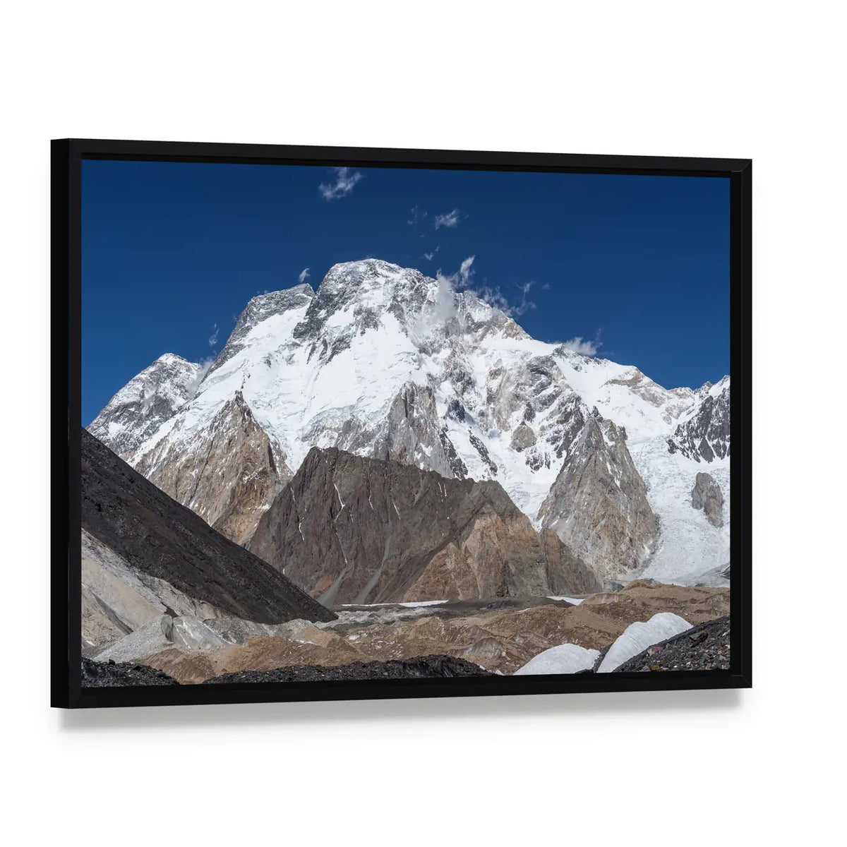 K2 Trek Mountain Landscape Canvas Wall Art, framed canvas in a black floater frame, angled product view