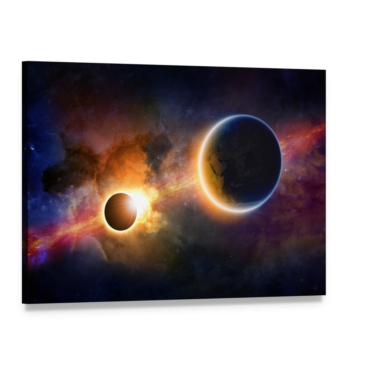 Glowing Planet Earth in Space Canvas Wall Art, single panel gallery wrapped canvas, angled product view