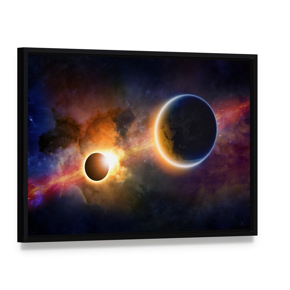 Glowing Planet Earth in Space Canvas Wall Art, framed canvas in a black floater frame, angled product view