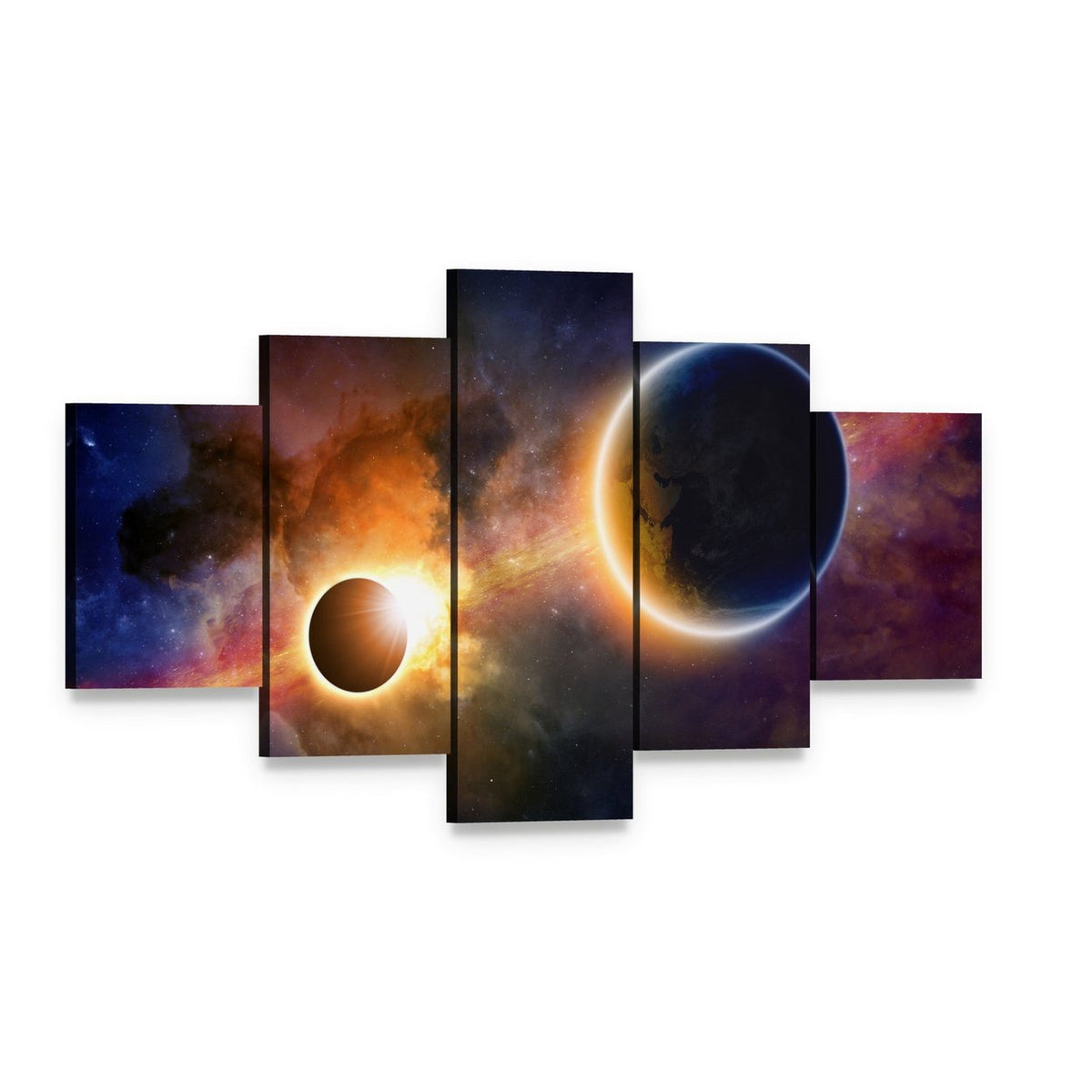 Glowing Planet Earth in Space Canvas Wall Art, 5 panel 5 Star layout gallery wrapped canvas set, angled product view