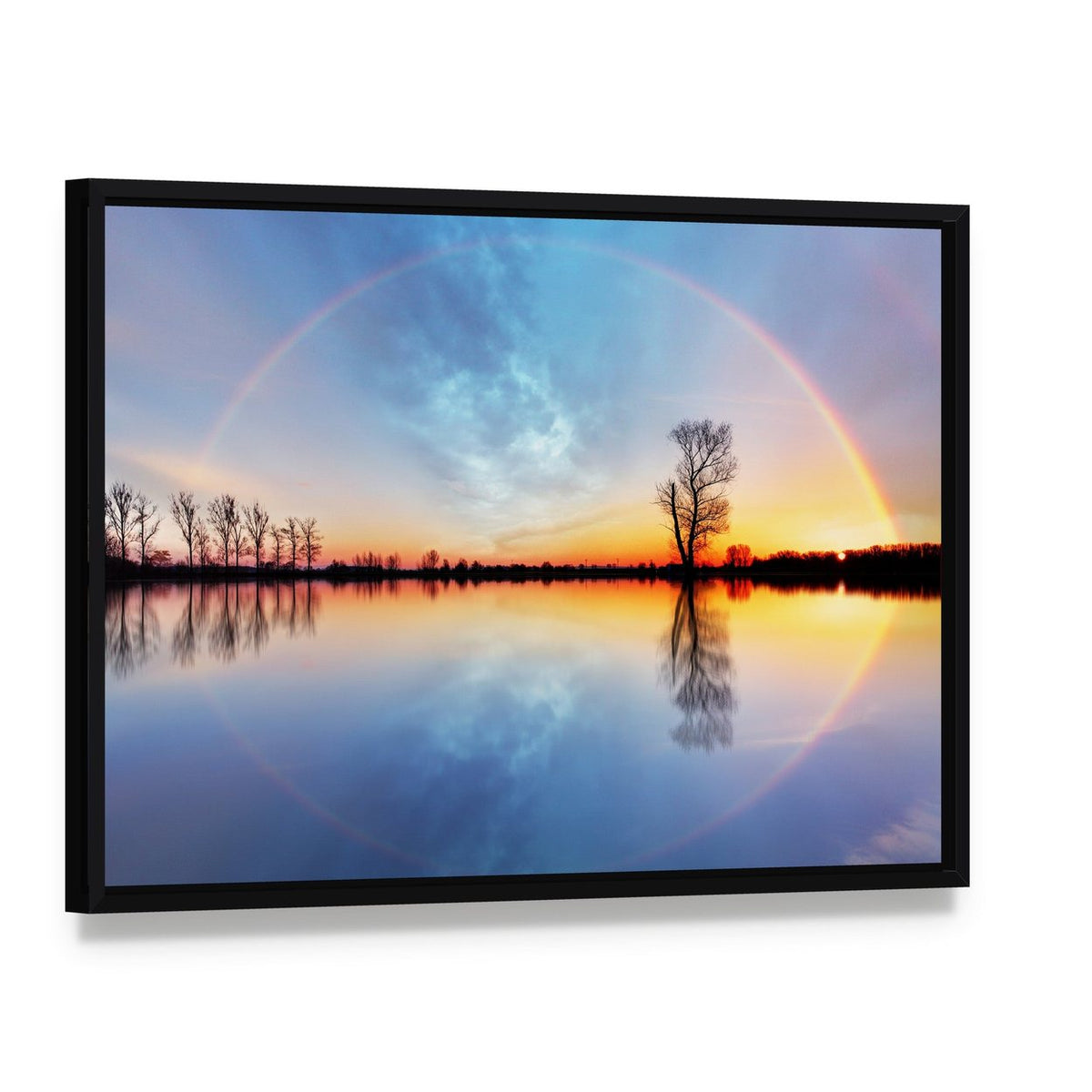 Rainbow Over Trees on Lake Sunrise Canvas Wall Art, framed canvas in a black floater frame, angled product view