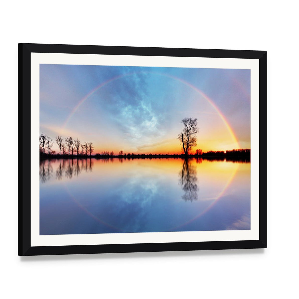 Rainbow Over Trees on Lake Sunrise Canvas Wall Art, framed print with white mat and black frame, angled product view