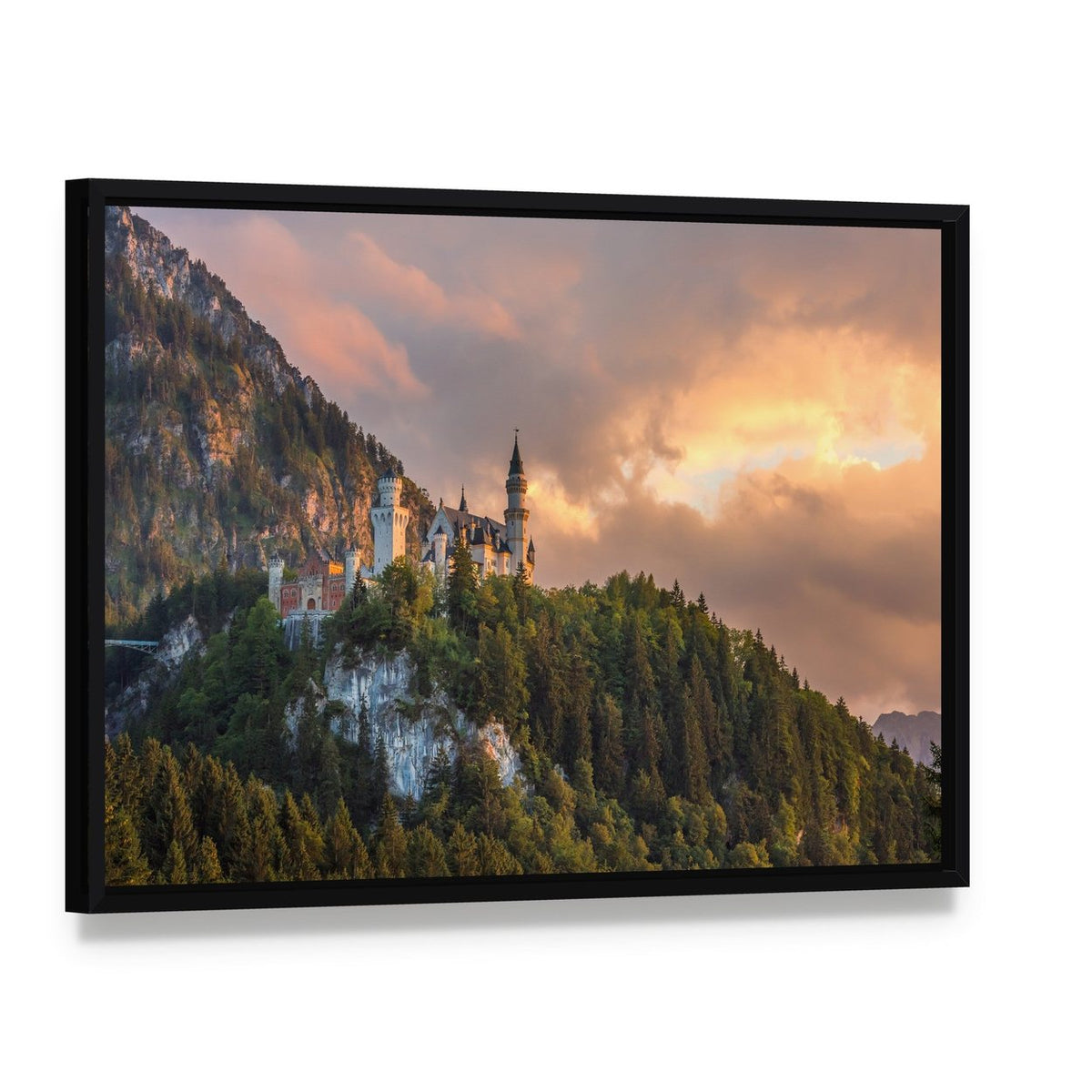 Neuschwanstein Castle at Sunset, Germany Canvas Wall Art, framed canvas in a black floater frame, angled product view