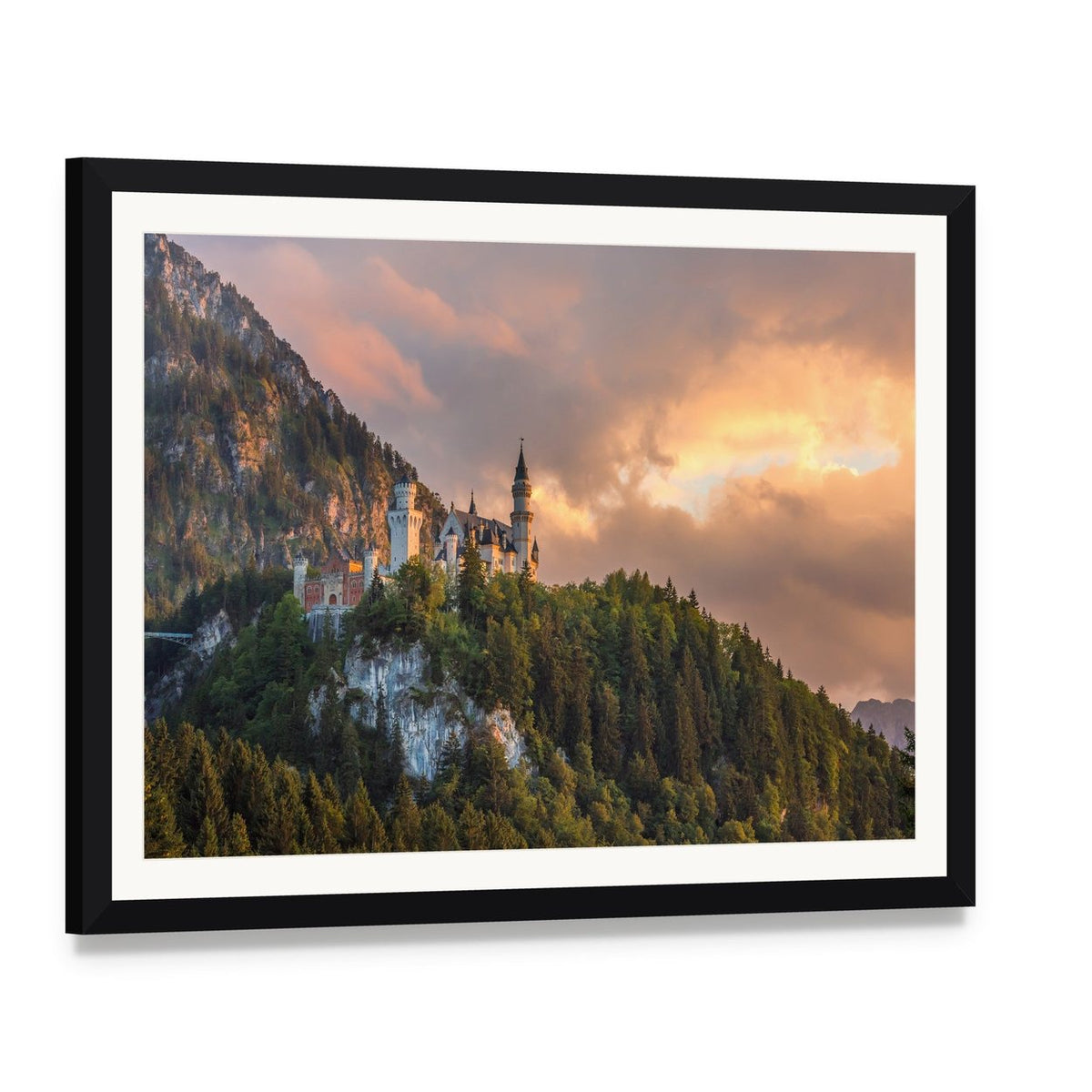 Neuschwanstein Castle at Sunset, Germany Canvas Wall Art, framed print with white mat and black frame, angled product view