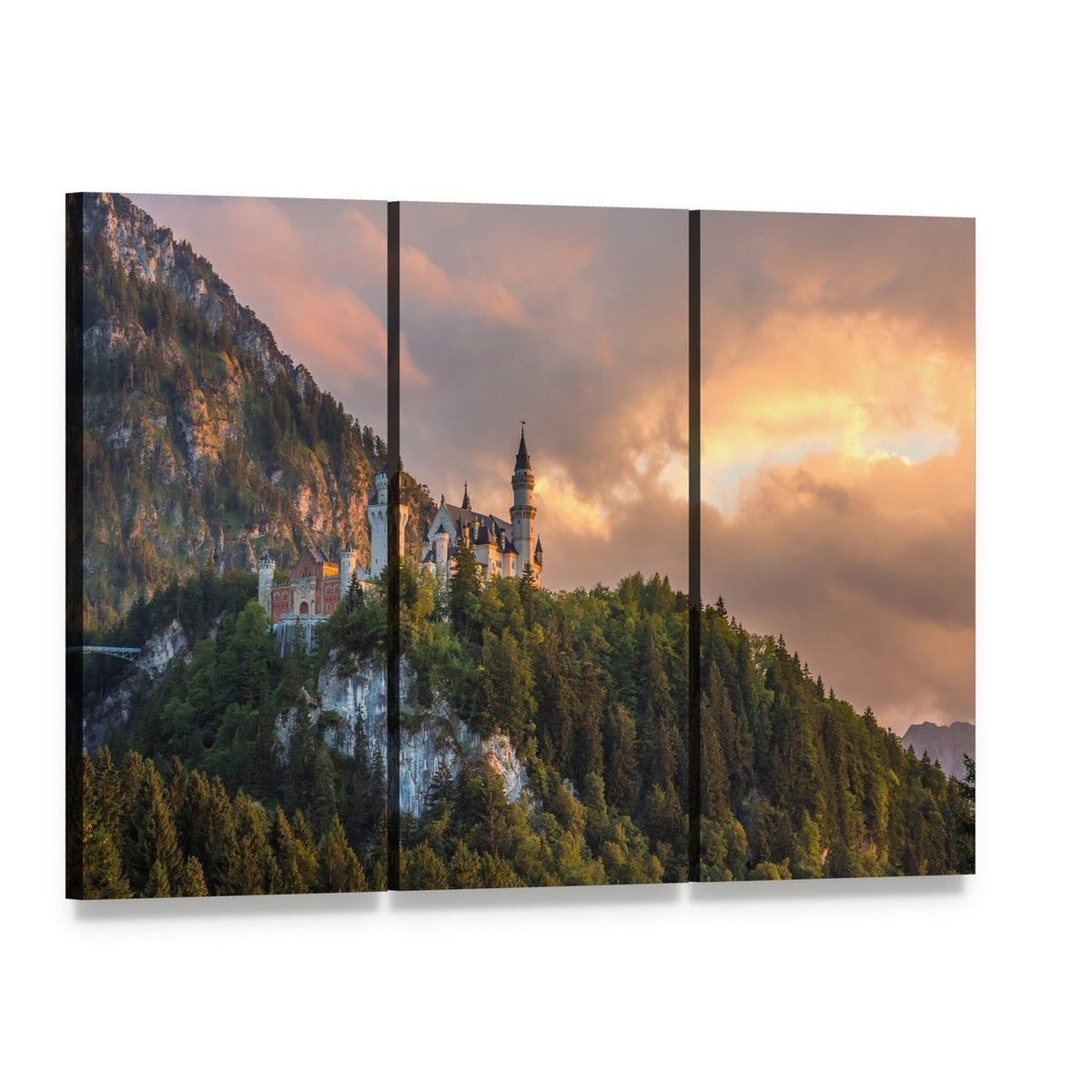 Neuschwanstein Castle at Sunset, Germany Canvas Wall Art, 3 panel 3 Horizontal layout gallery wrapped canvas set, angled product view