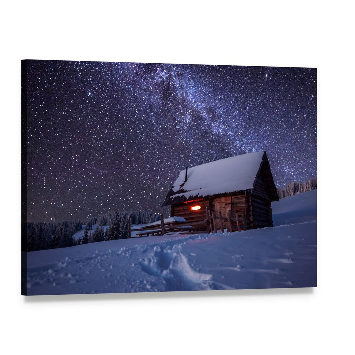 Log Cabin Under Starry Winter Sky Canvas Wall Art, single panel gallery wrapped canvas, angled product view