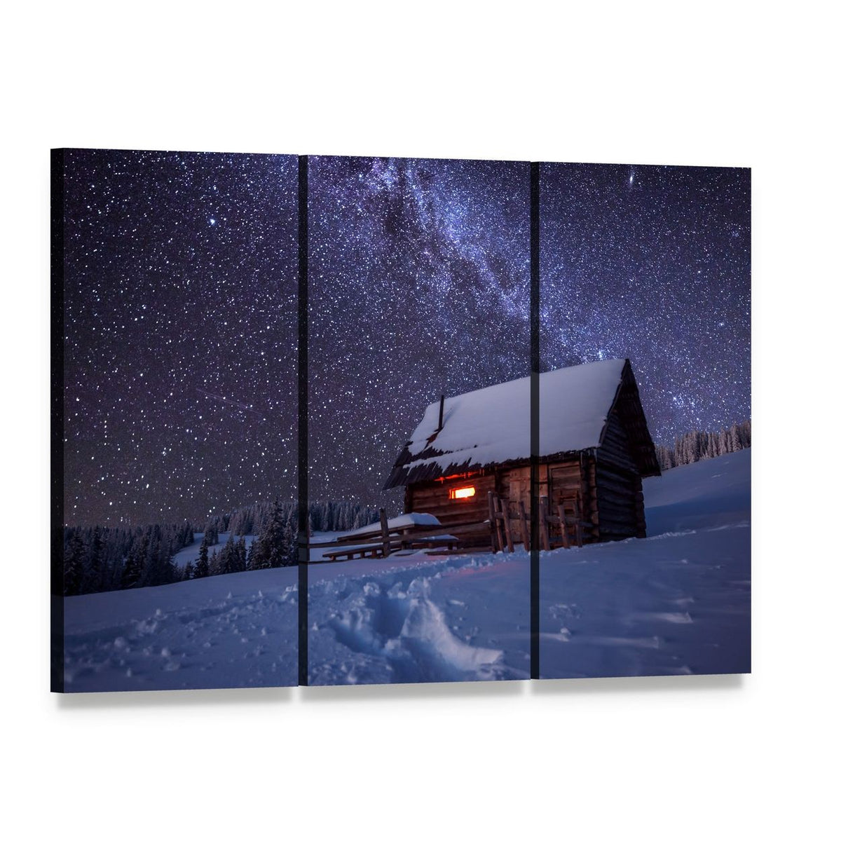 Log Cabin Under Starry Winter Sky Canvas Wall Art, 3 panel 3 Horizontal layout gallery wrapped canvas set, angled product view