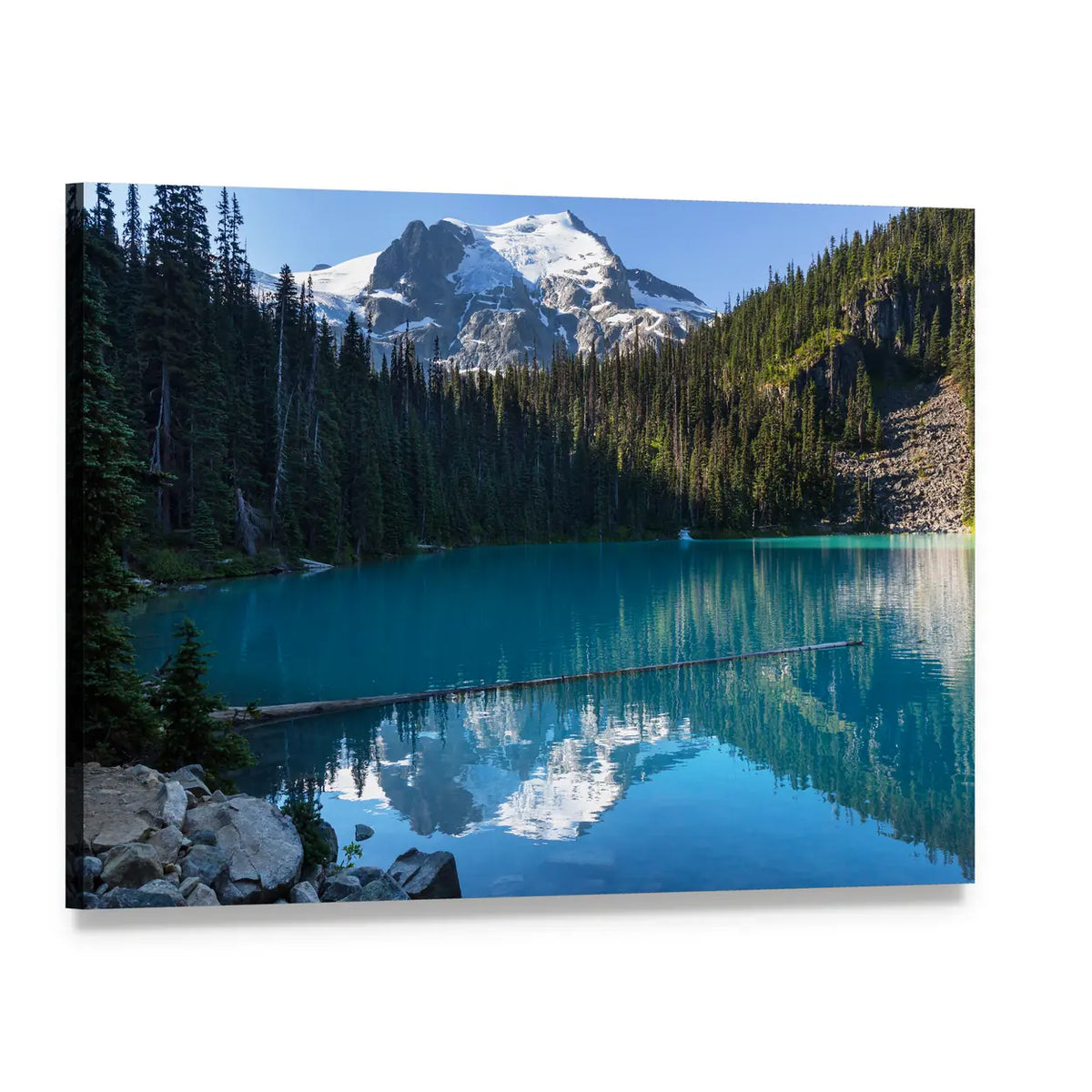 Joffre Lake Mountain Reflection Canvas Wall Art, single panel gallery wrapped canvas, angled product view