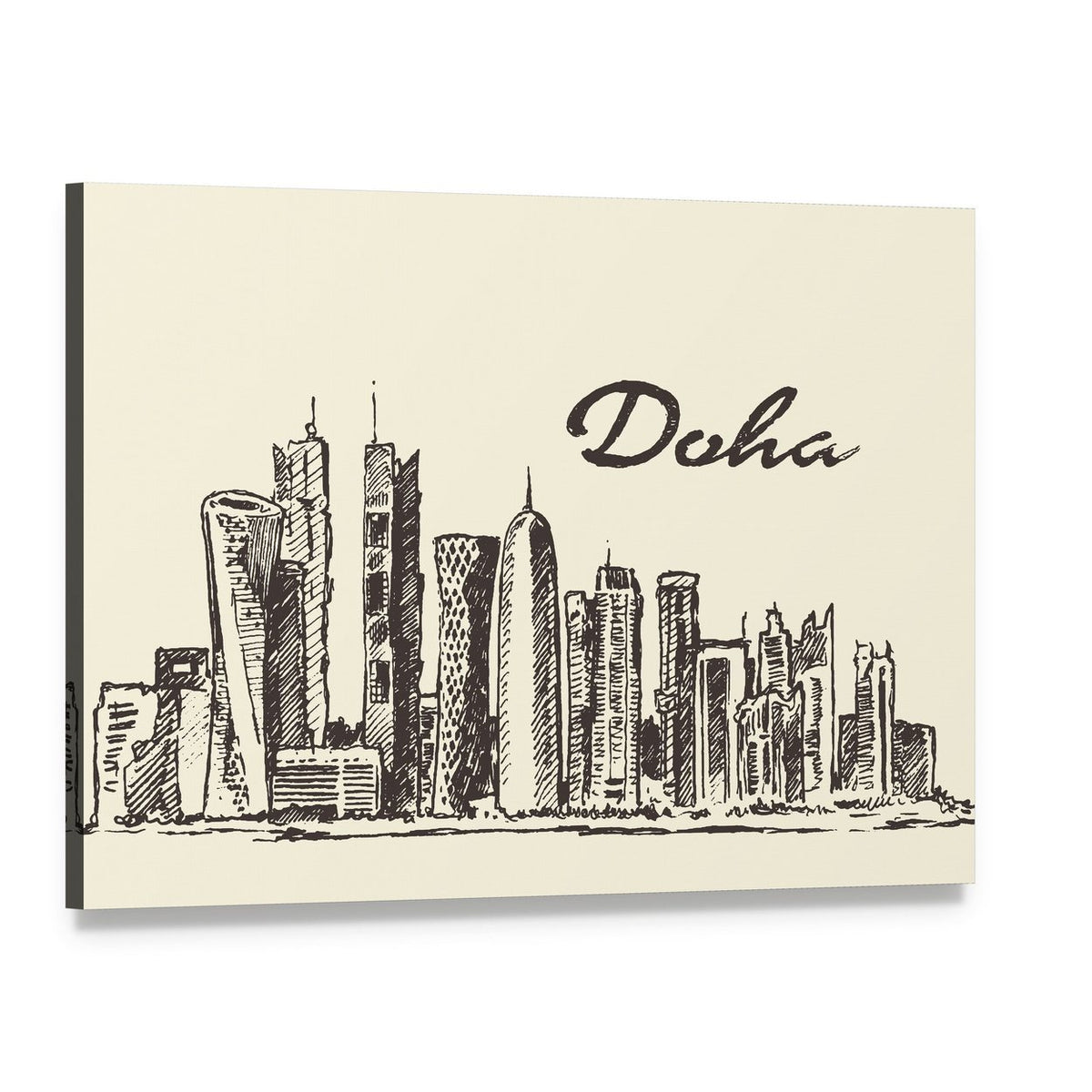 Doha Skyline Sketch Canvas Wall Art, single panel gallery wrapped canvas, angled product view