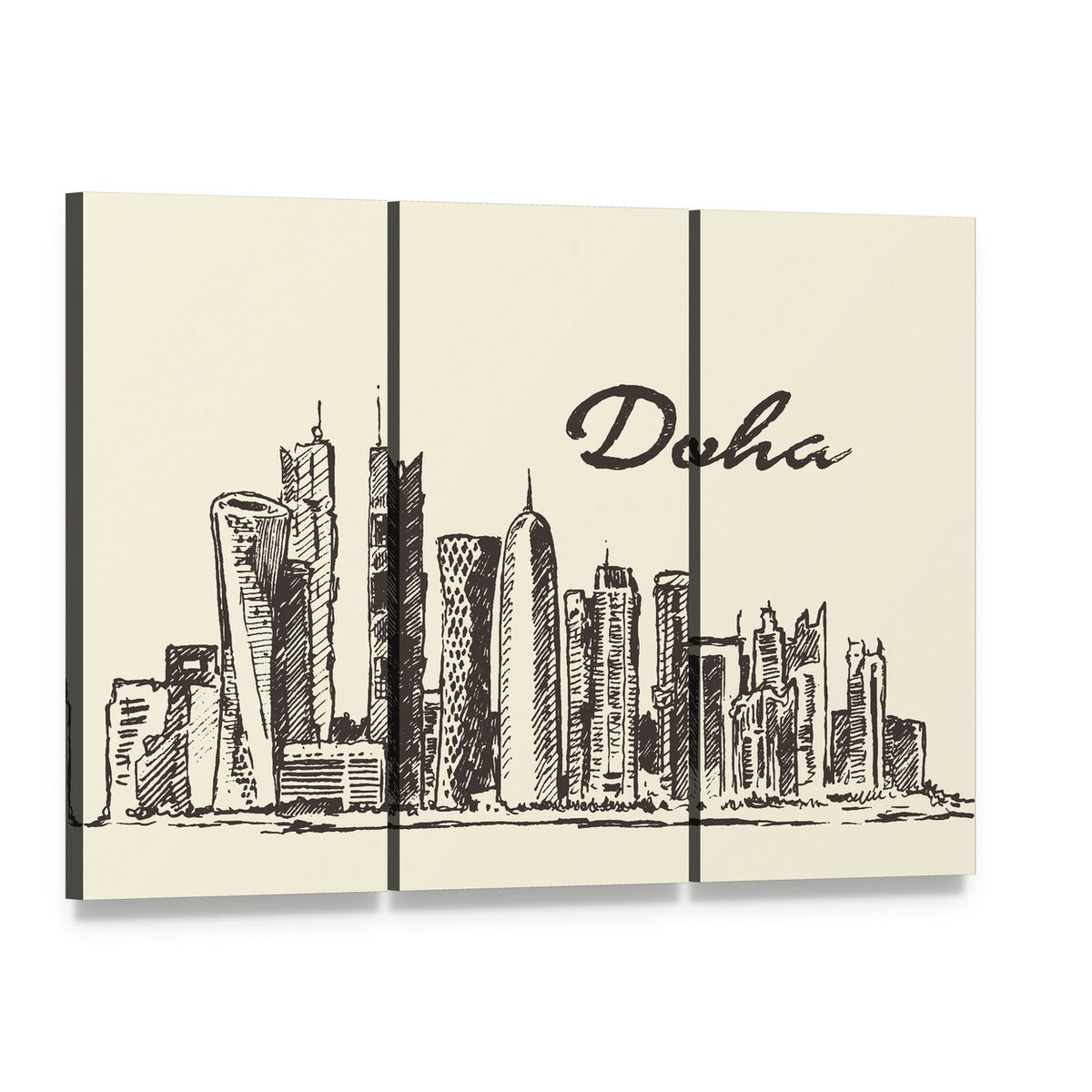 Doha Skyline Sketch Canvas Wall Art, 3 panel 3 Horizontal layout gallery wrapped canvas set, angled product view