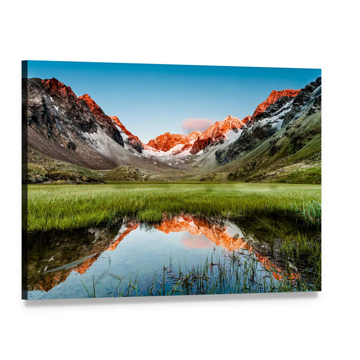 Mountain Peaks Mirrored in a Lake Canvas Wall Art, single panel gallery wrapped canvas, angled product view