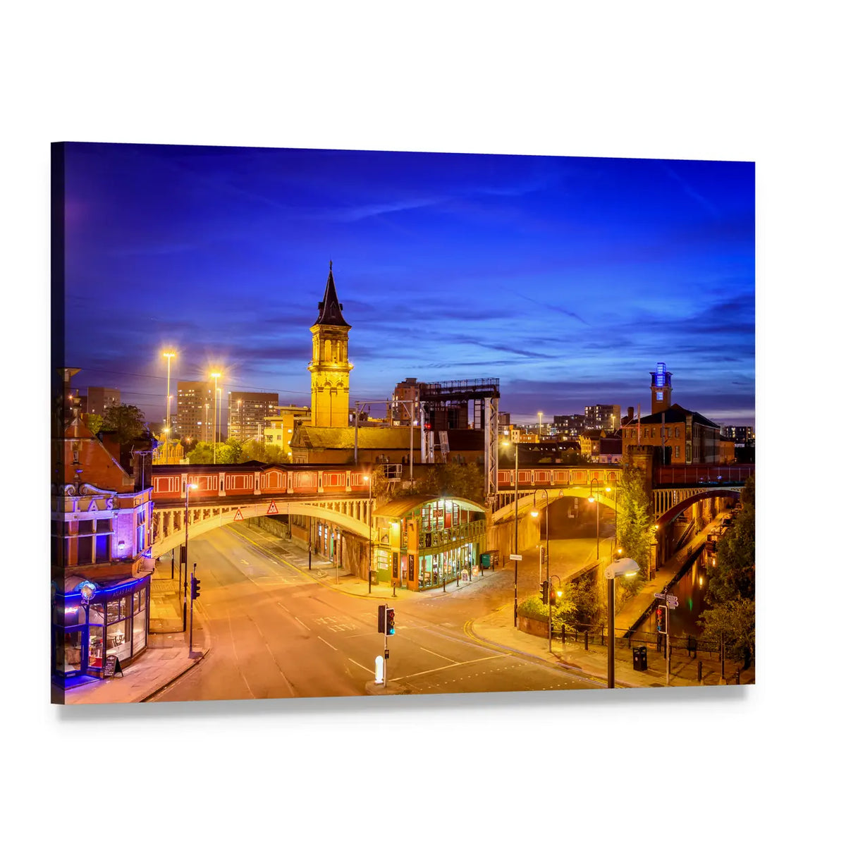 Manchester Night Cityscape with Clock Tower Spire Canvas Wall Art, single panel gallery wrapped canvas, angled product view