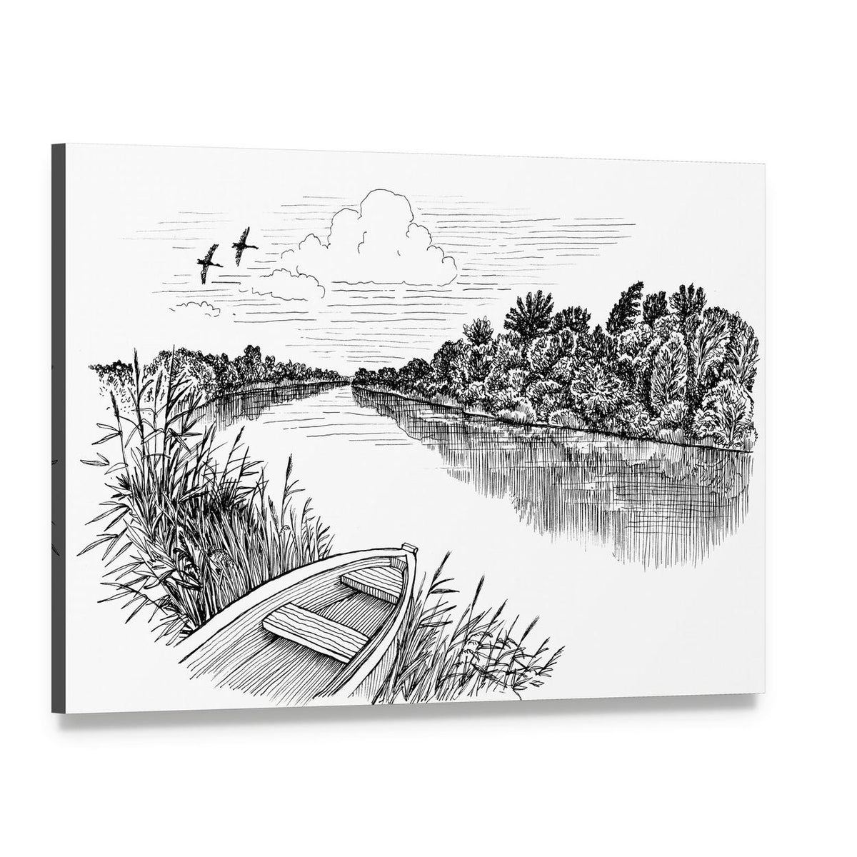 Summer Riverbank Ink Drawing Canvas Wall Art, single panel gallery wrapped canvas, angled product view