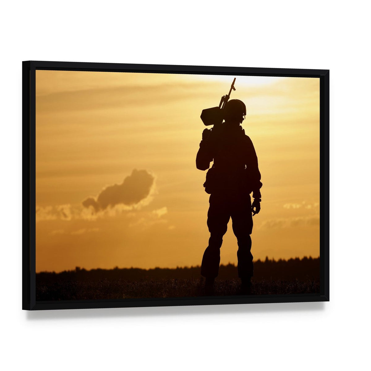 Soldier with Machine Gun at Sunset Canvas Wall Art, framed canvas in a black floater frame, angled product view