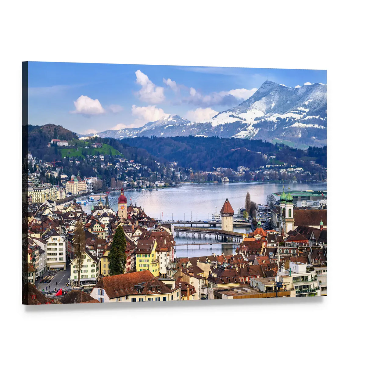 Old Town Lake with Wooden Bridge Canvas Wall Art, single panel gallery wrapped canvas, angled product view